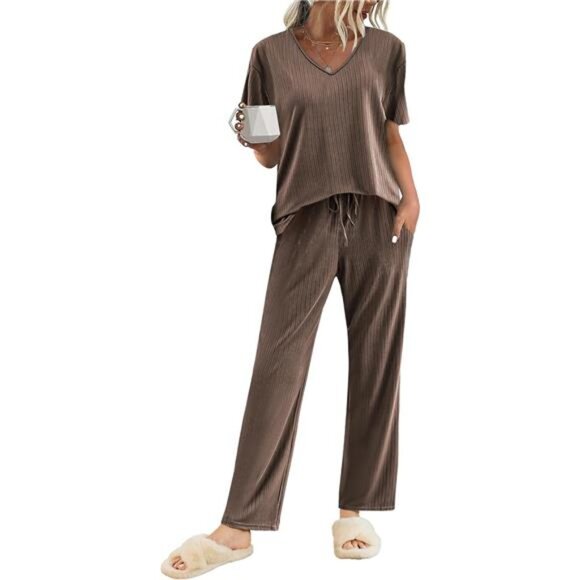 Ribbed Knit Lounge Set V-Neck Pajama 2-Piece Outfit